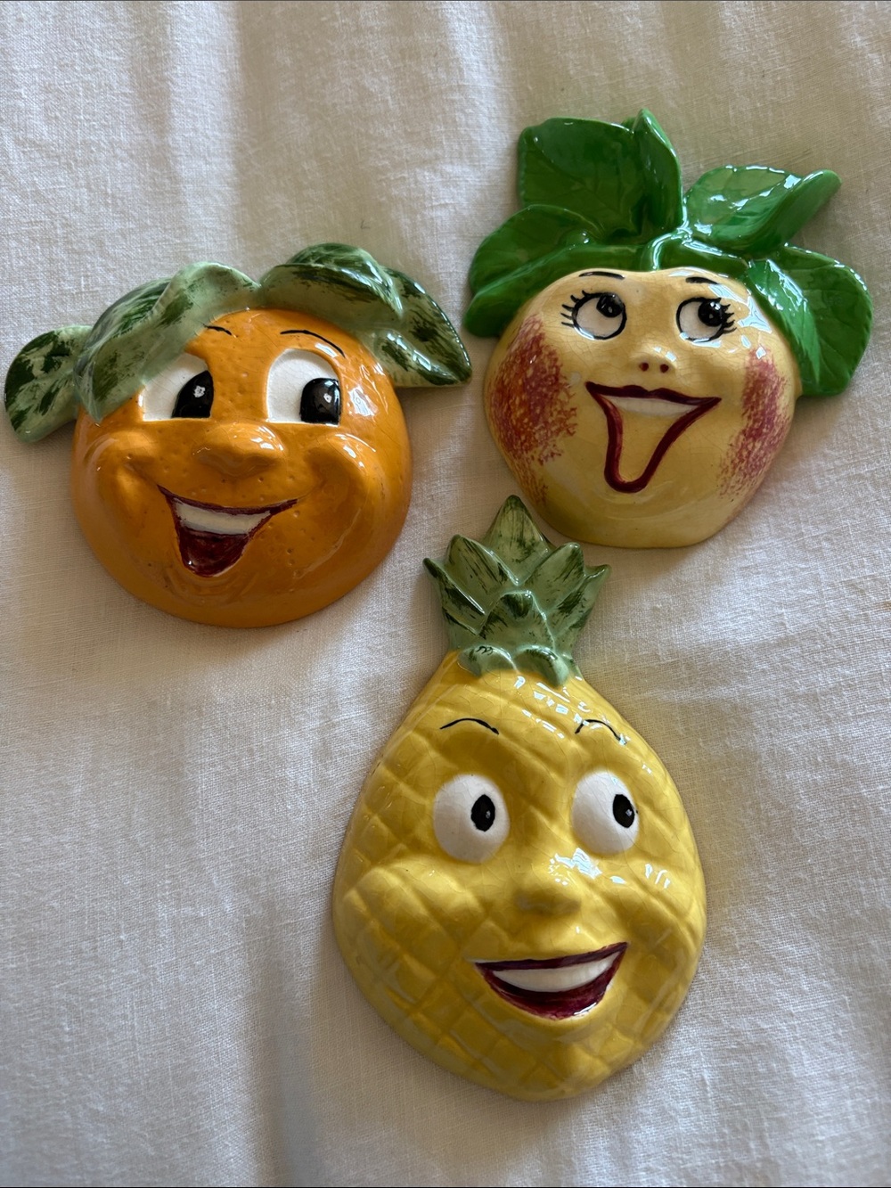 Vintage Ceramic Fruit Wall Pocket Trio - Orange, Peach  and Pineapple